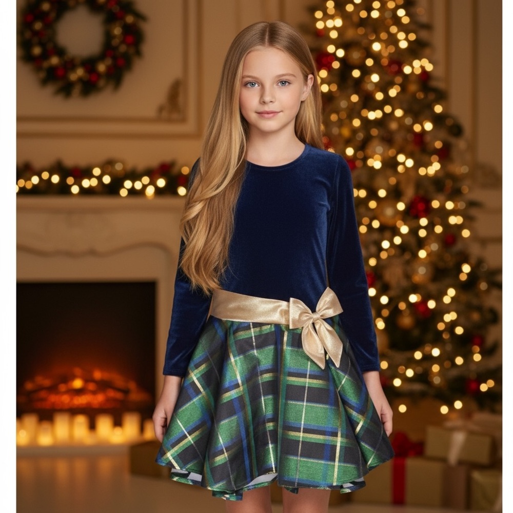 NWT Bonnie Jean Girls Velvet Plaid Hipster Dress Christmas Holiday